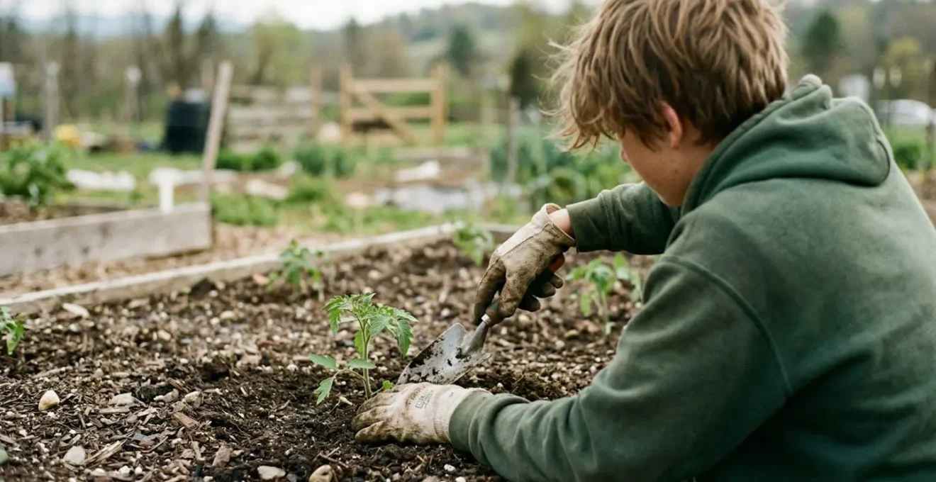 Un adolescent manipule un outil de jardinage dans un environnement extérieur, vue par-dessus l'épaule focalisée sur les mains en action