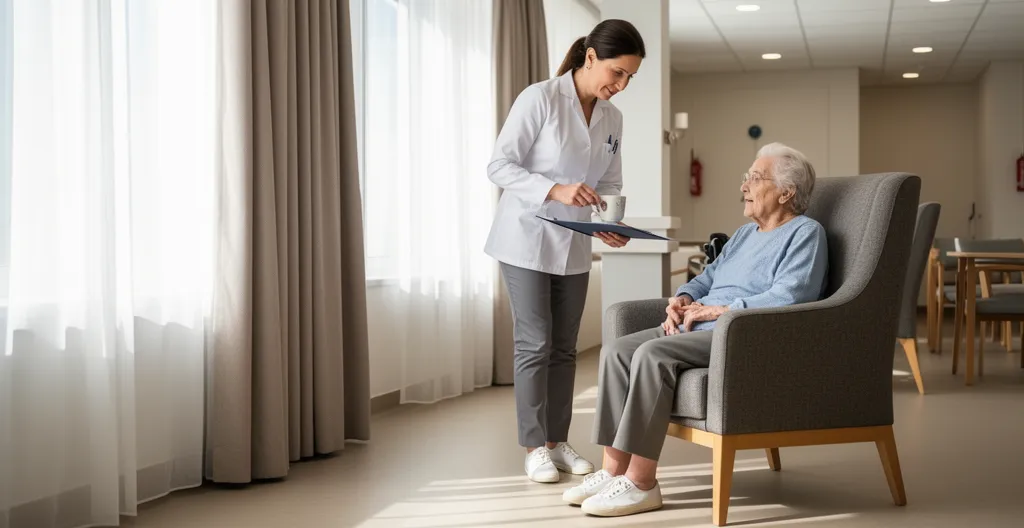Femme adulte en tenue professionnelle exerçant dans établissement petite enfance