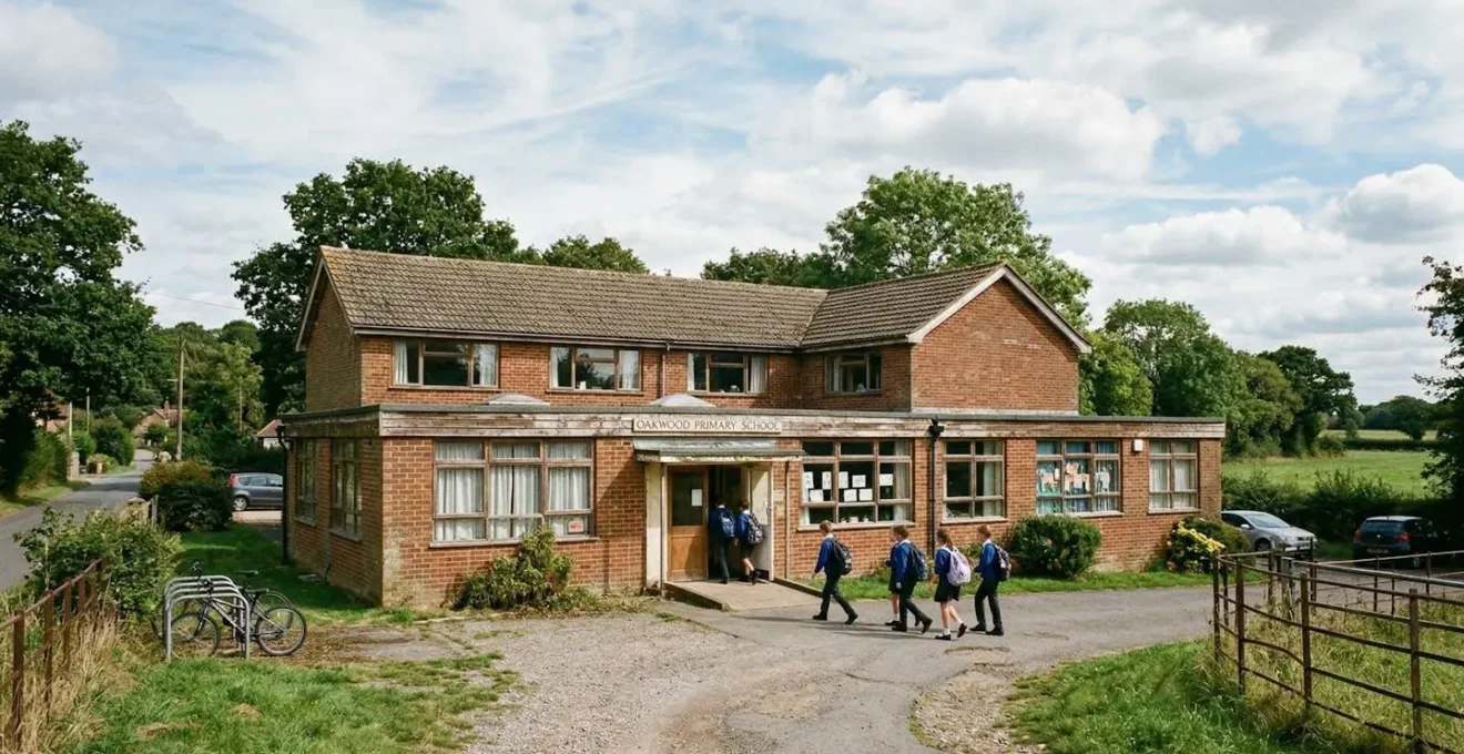 Façade sobre d'un bâtiment de formation en zone semi-rurale avec quelques silhouettes d'élèves visibles à l'entrée