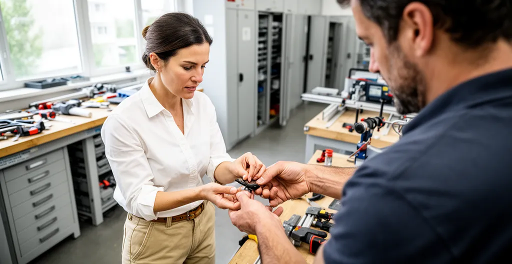 Femme adulte en formation pratique alternance avec formateur en centre professionnel