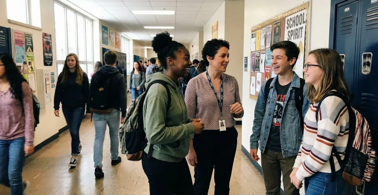 Un petit groupe d'adolescents discute avec un adulte dans un couloir lumineux, interaction naturelle sans pose