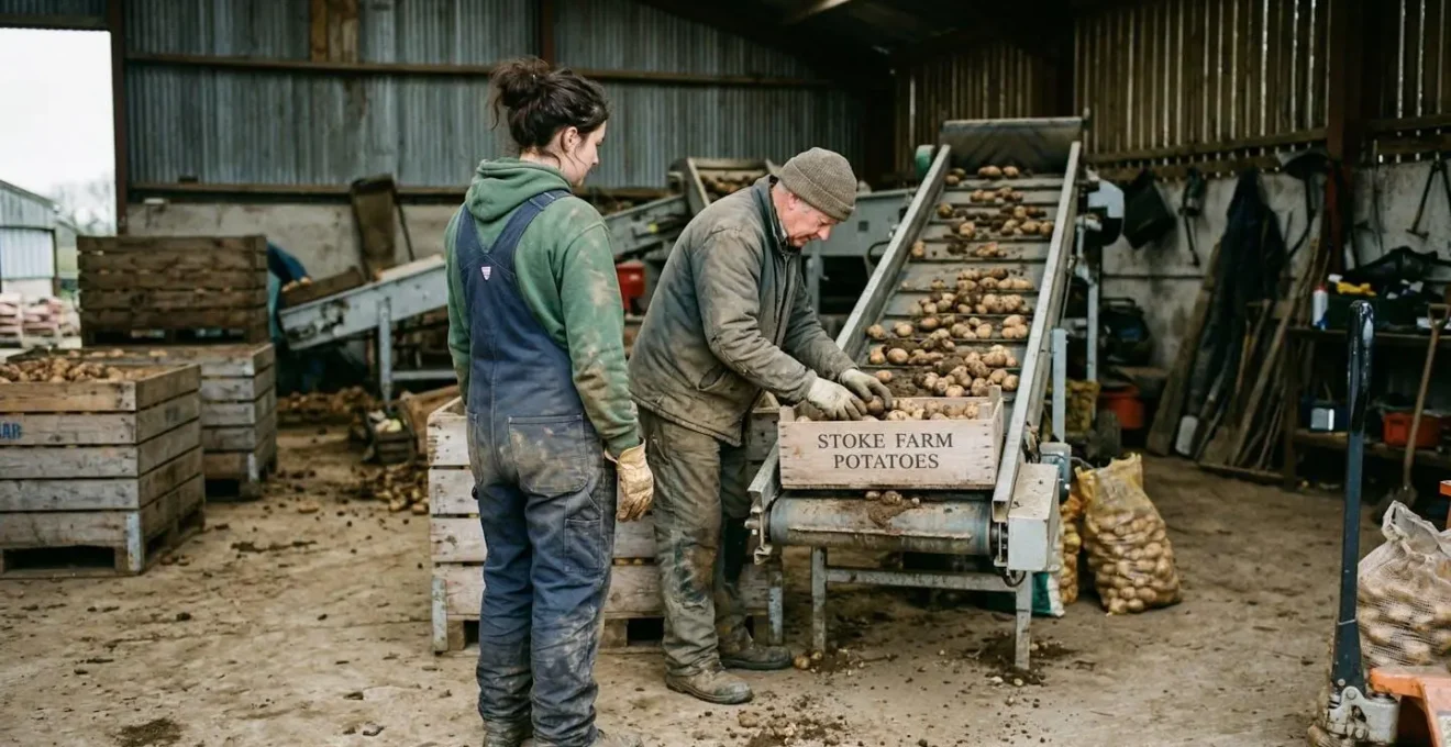 Un jeune en vêtements de travail observe un professionnel en action dans un environnement agricole, cadrage discret de trois-quarts arrière