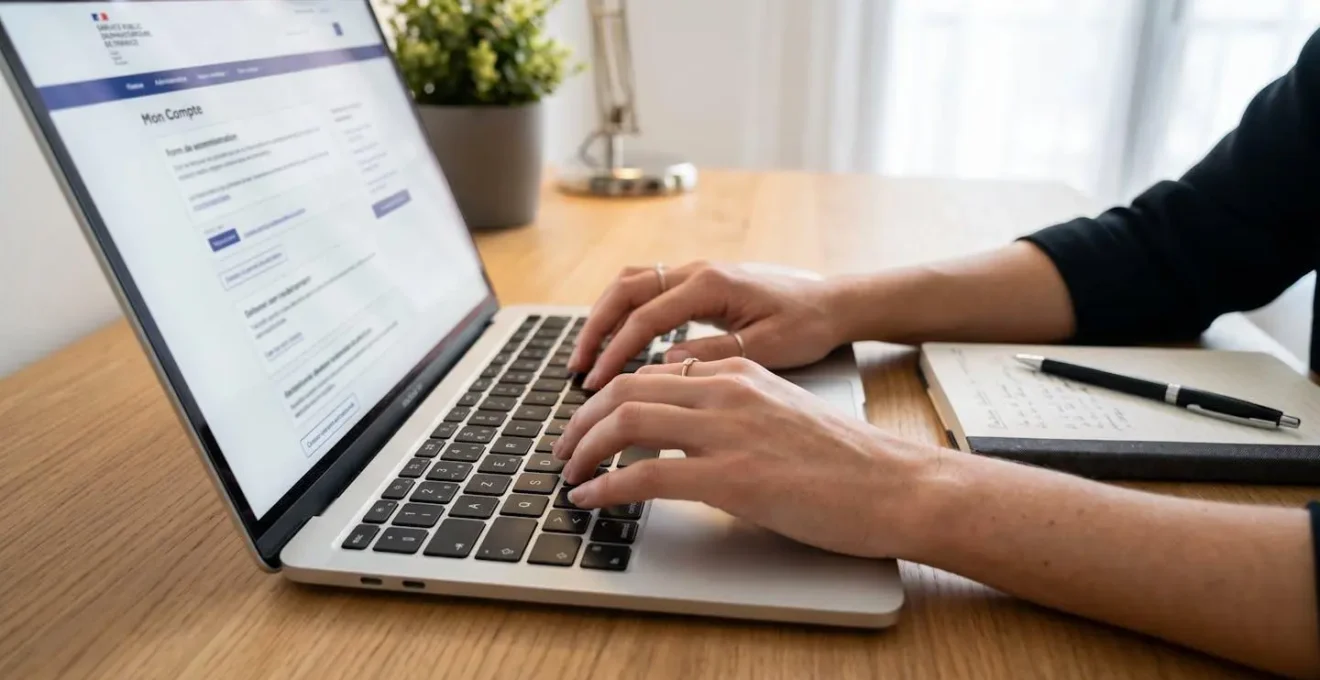 Personne consultant un site administratif français sur ordinateur portable dans un bureau lumineux pour vérifier une certification