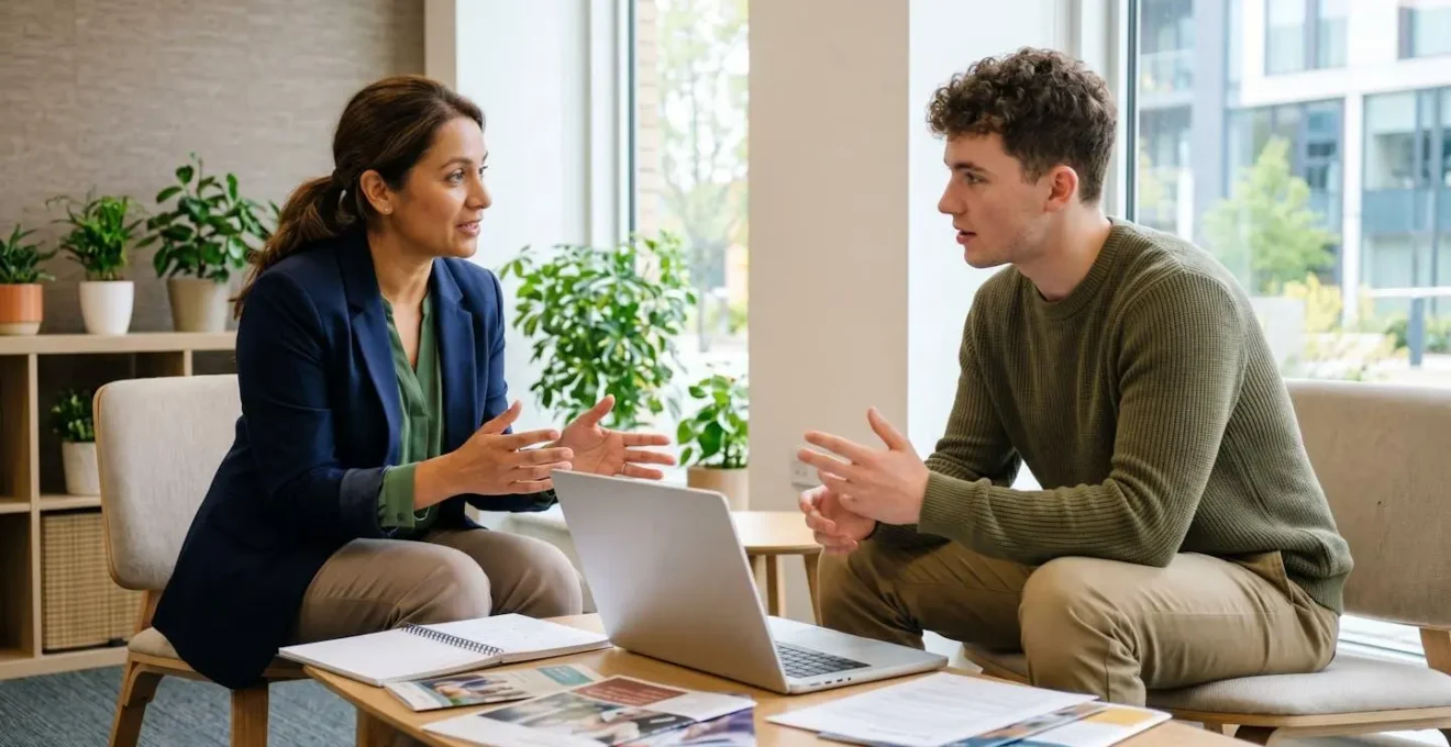 Conseiller en formation et jeune adulte en entretien de sélection de parcours professionnel avec documents et ordinateur sur table