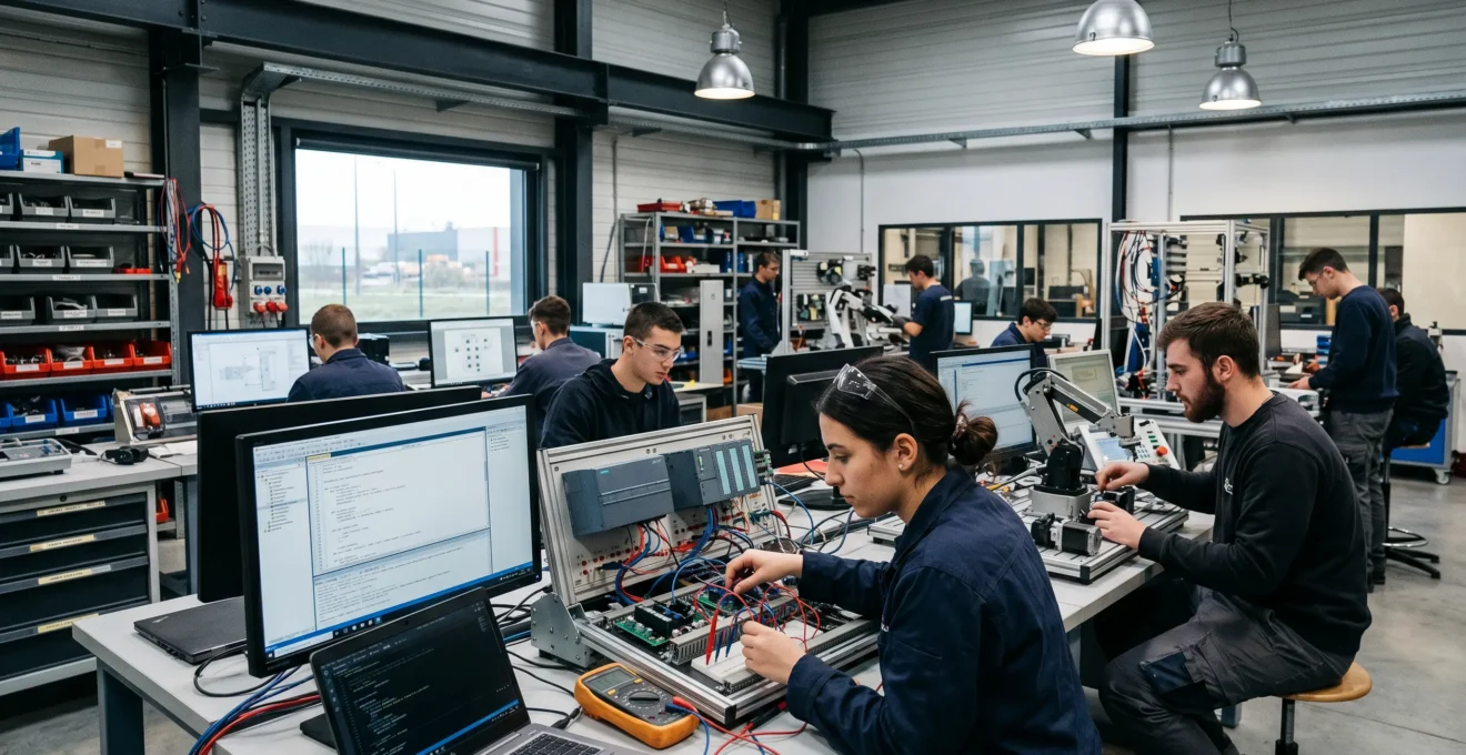 Atelier de formation technique moderne avec alternants travaillant sur des équipements informatiques et électroniques