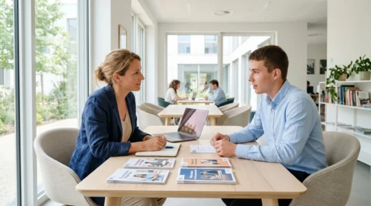 Entretien d'orientation professionnelle entre une conseillère et un jeune candidat dans un centre de formation moderne avec documentation sur l'alternance